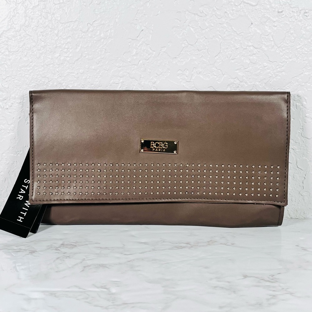 ‼️SOLD‼️BCBG Paris Taupe Studded Fold-Over Clutch